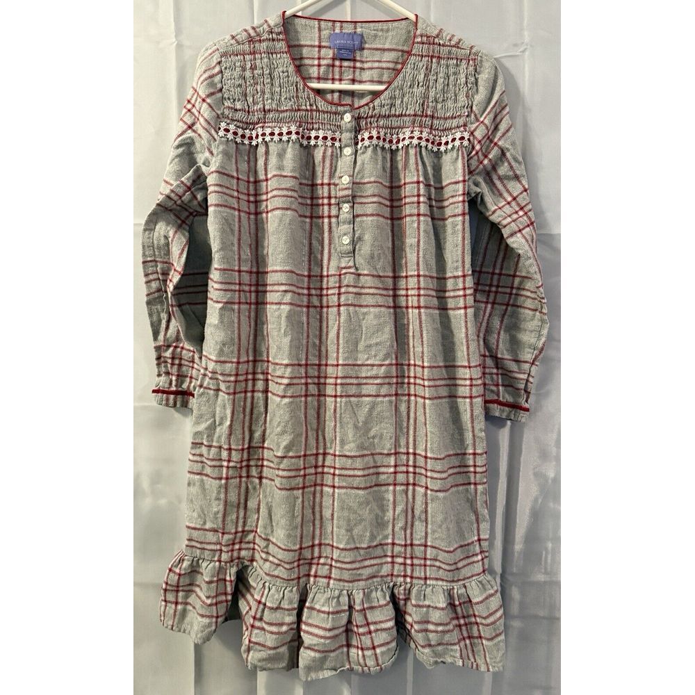 Laura Scott Red Gray Plaid Cotton Flannel Sleep Nightgown Ruffle Grannycore S